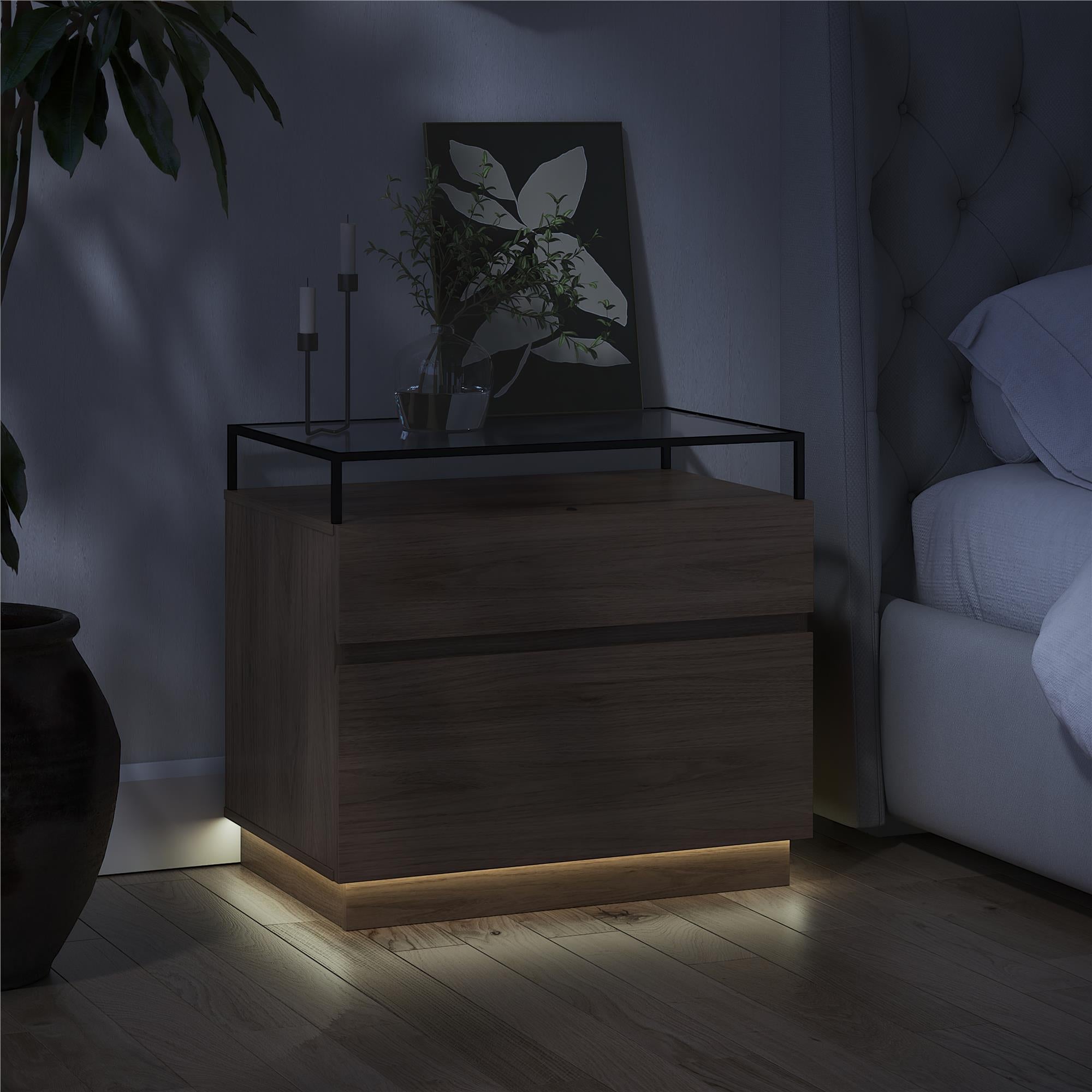 Devon Nightstand with Drawers, LED Lights and Glass Top, Danish Walnut - Danish Walnut