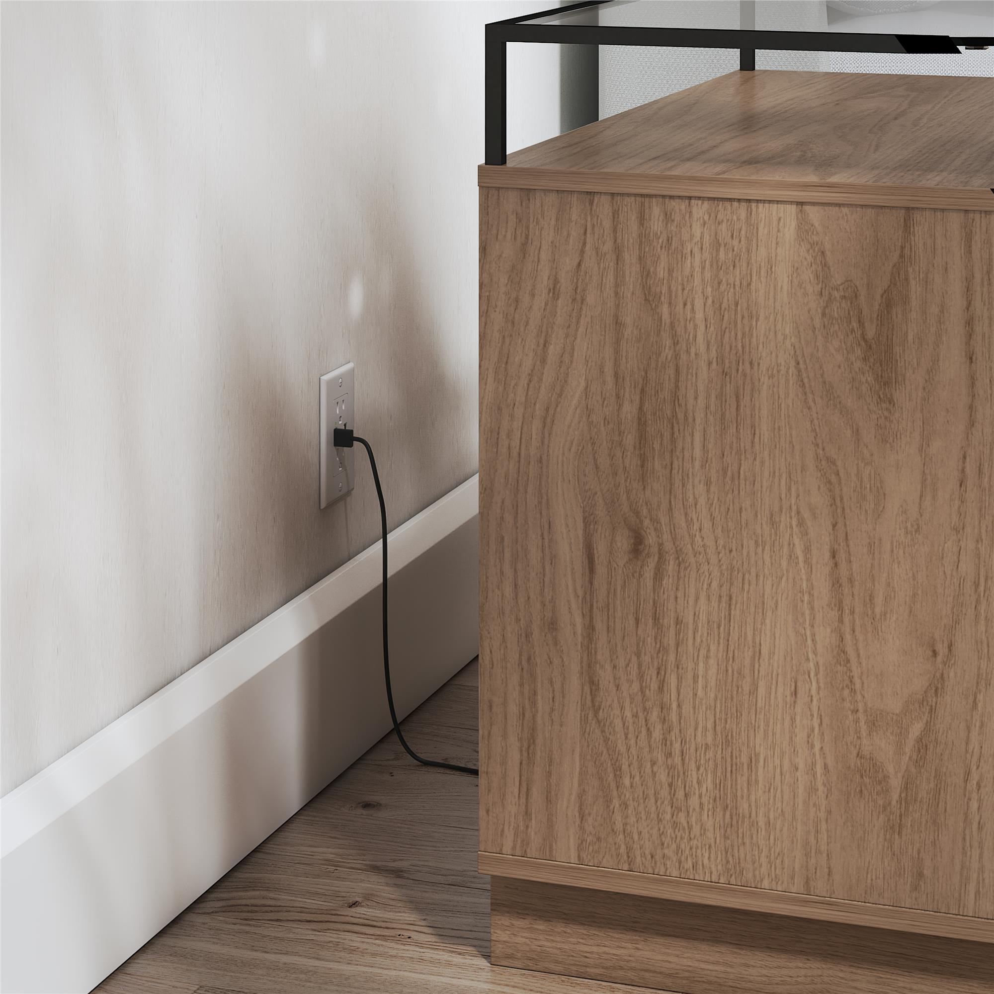 Devon Nightstand with Drawers, LED Lights and Glass Top, Danish Walnut - Danish Walnut