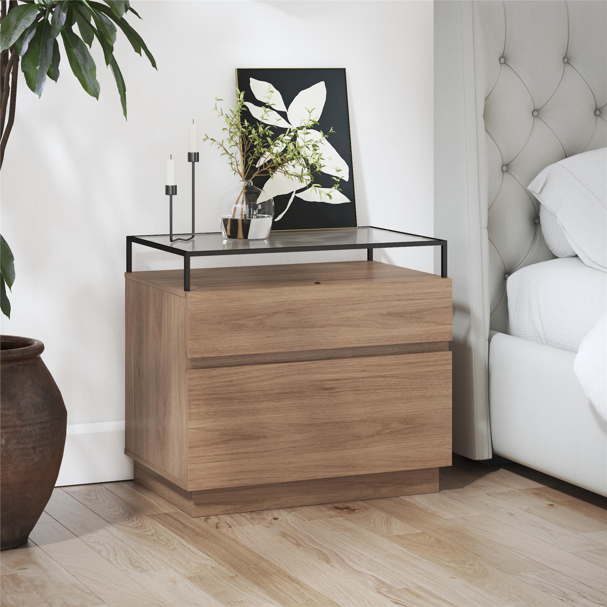 Devon Nightstand with Drawers, LED Lights and Glass Top, Danish Walnut - Danish Walnut