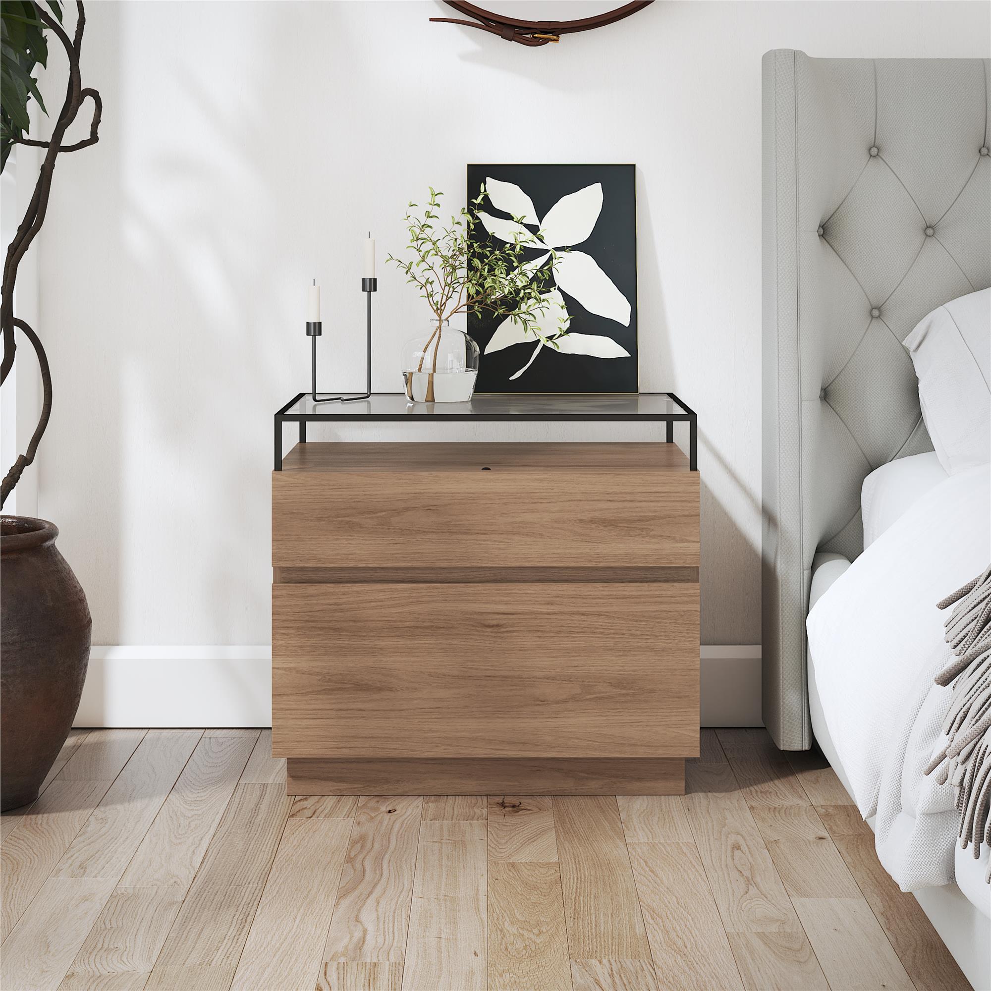 Devon Nightstand with Drawers, LED Lights and Glass Top, Danish Walnut - Danish Walnut