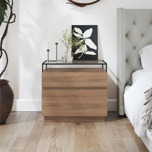 Devon Nightstand with Drawers, LED Lights and Glass Top, Danish Walnut - Danish Walnut