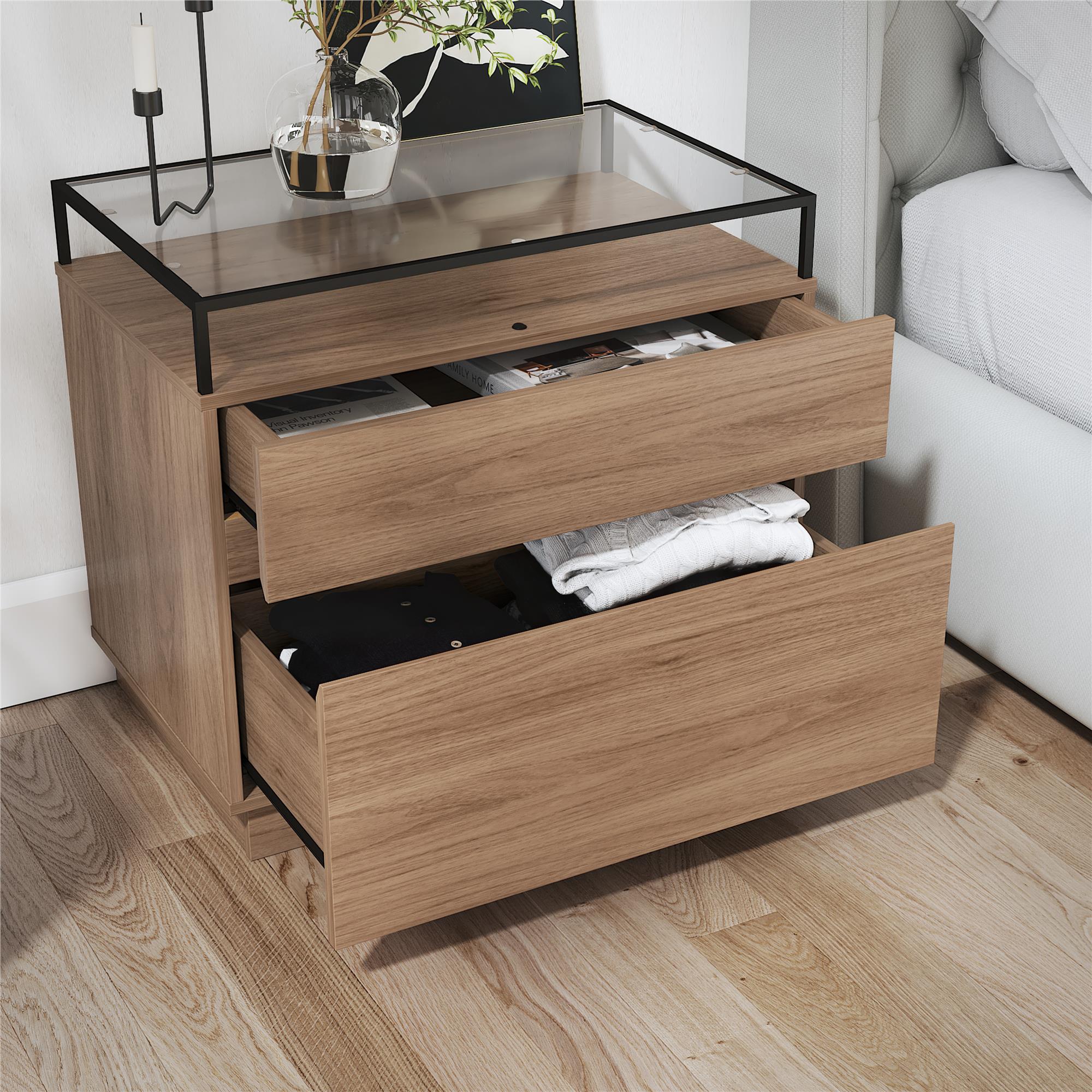 Devon Nightstand with Drawers, LED Lights and Glass Top, Danish Walnut - Danish Walnut