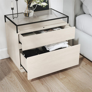 Devon Nightstand with Drawers, LED Lights and Glass Top, Eden Ash - Eden Ash