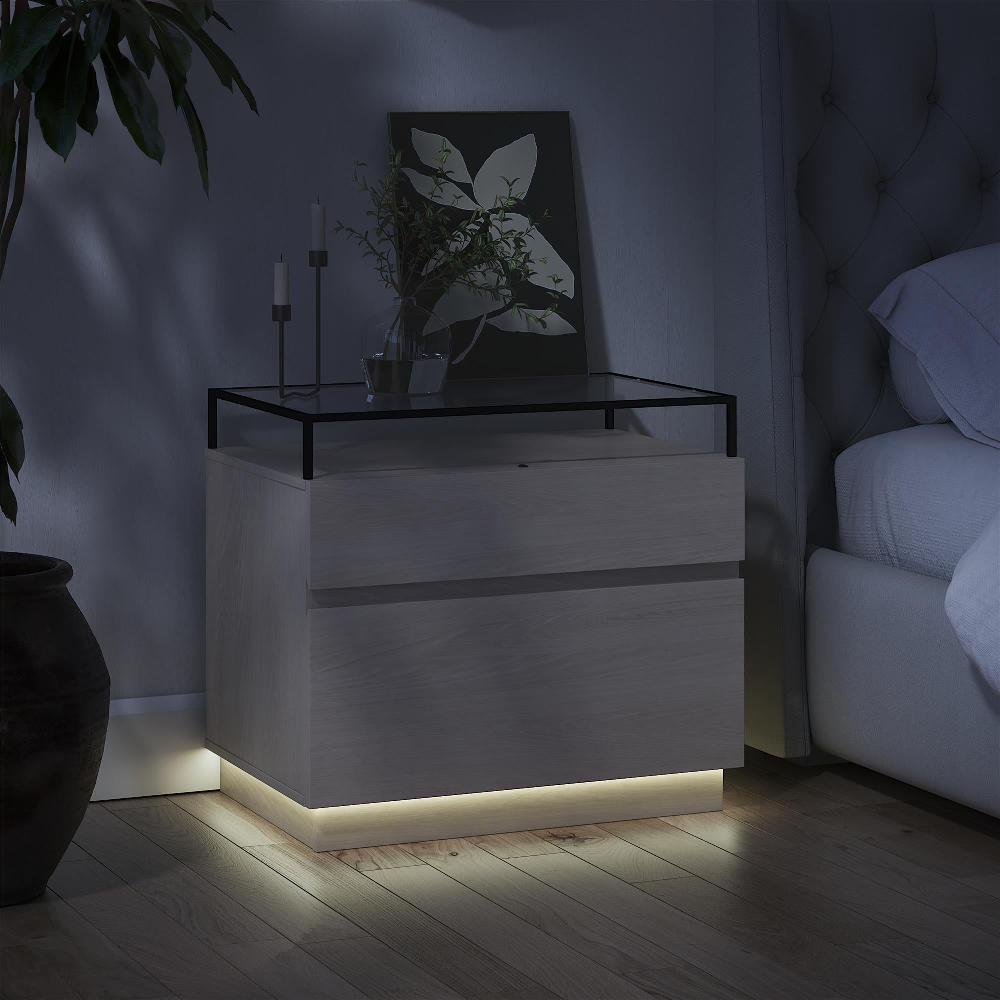 Devon Nightstand with Drawers, LED Lights and Glass Top, Eden Ash - Eden Ash