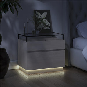 Devon Nightstand with Drawers, LED Lights and Glass Top, Eden Ash - Eden Ash