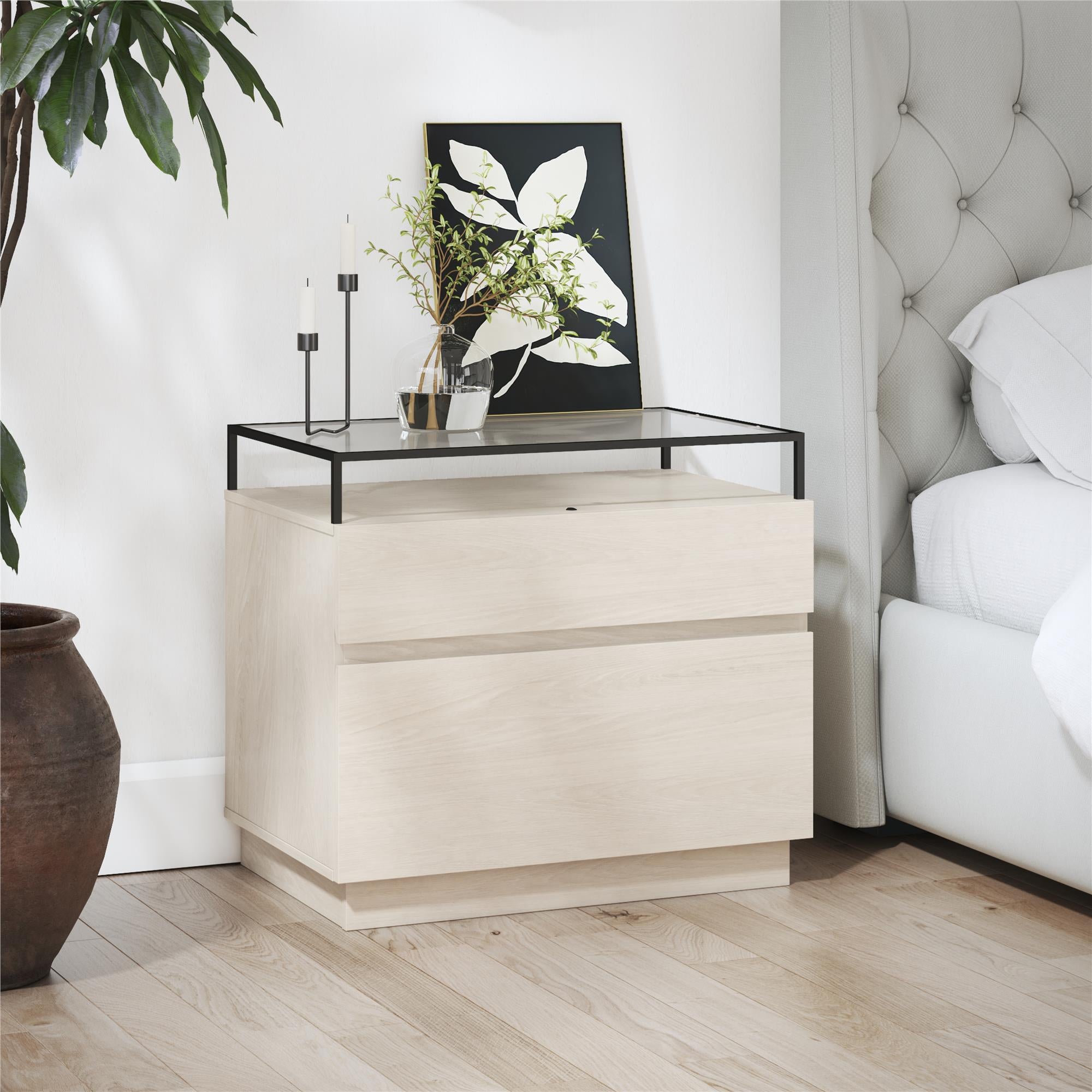 Devon Nightstand with Drawers, LED Lights and Glass Top, Eden Ash - Eden Ash