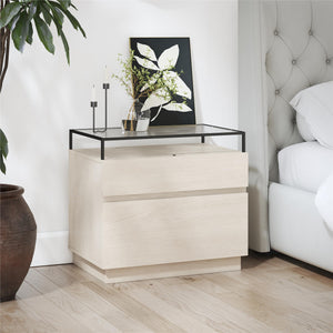 Devon Nightstand with Drawers, LED Lights and Glass Top, Eden Ash - Eden Ash