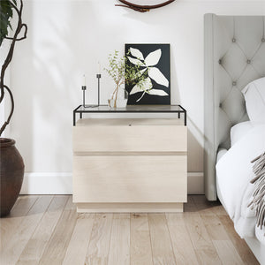 Devon Nightstand with Drawers, LED Lights and Glass Top, Eden Ash - Eden Ash