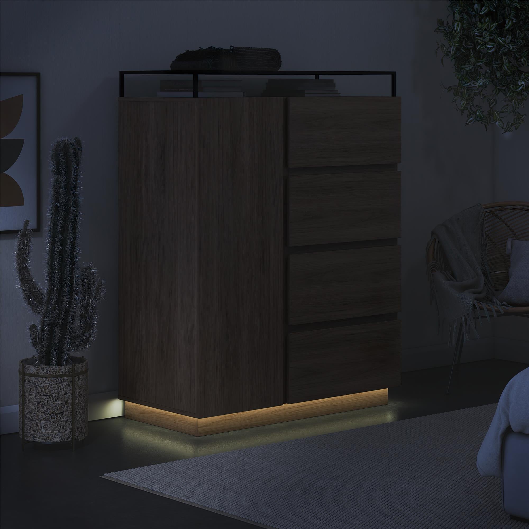 Devon 4-Drawer Dresser with Door, LED Lights and Glass Top, Danish Walnut - Danish Walnut