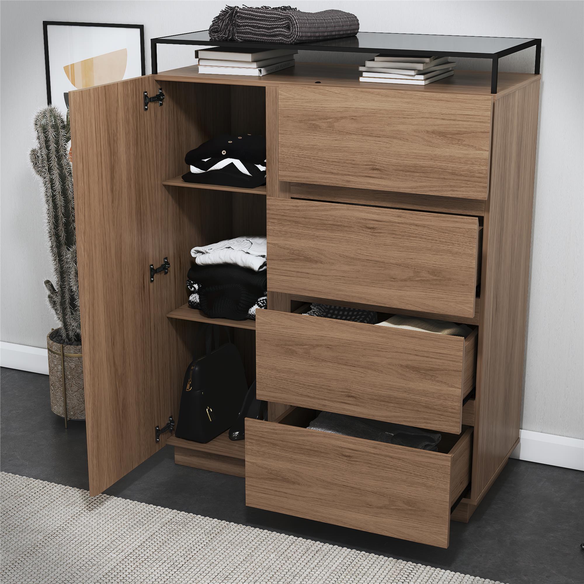 Devon 4-Drawer Dresser with Door, LED Lights and Glass Top, Danish Walnut - Danish Walnut
