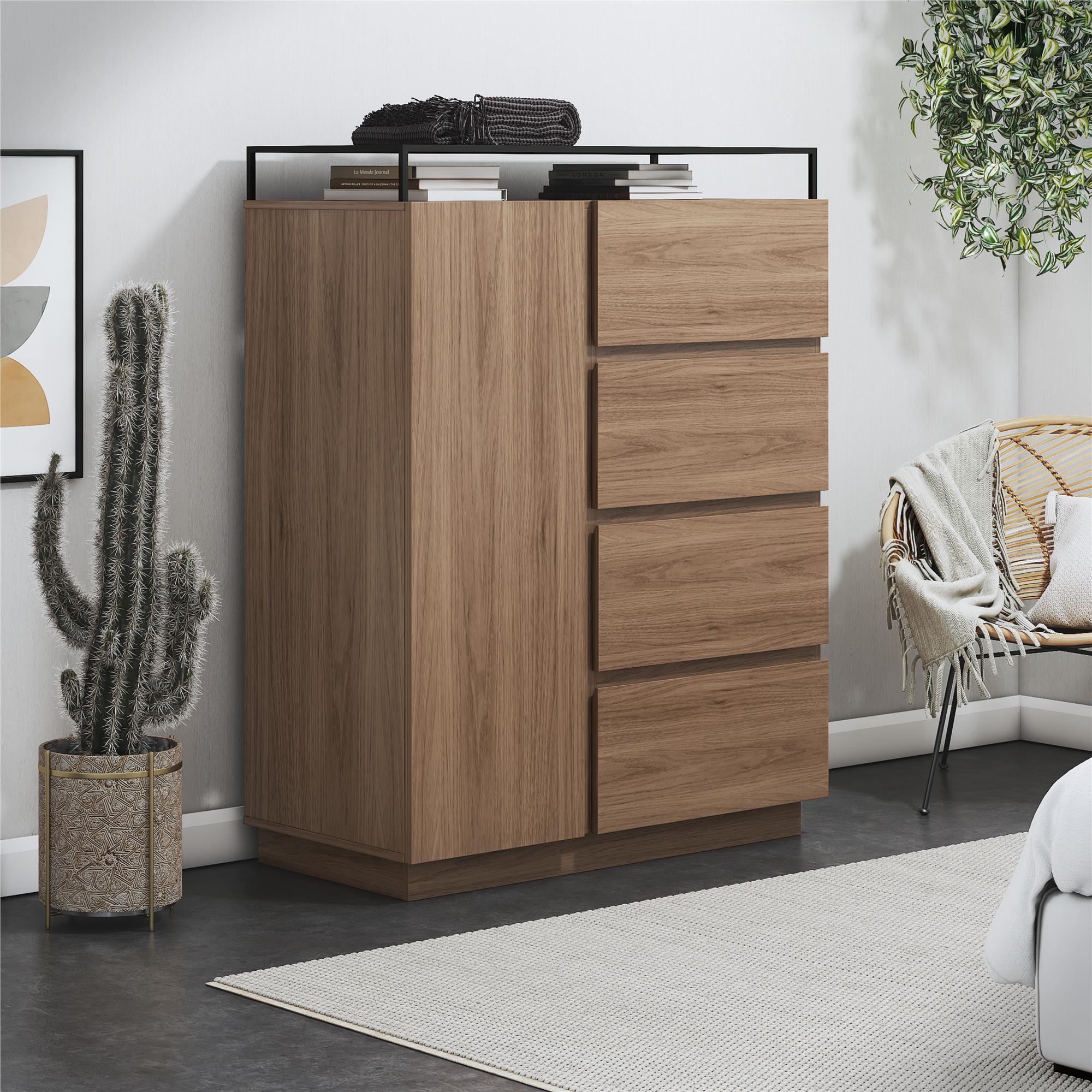 Devon 4-Drawer Dresser with Door, LED Lights and Glass Top, Danish Walnut - Danish Walnut