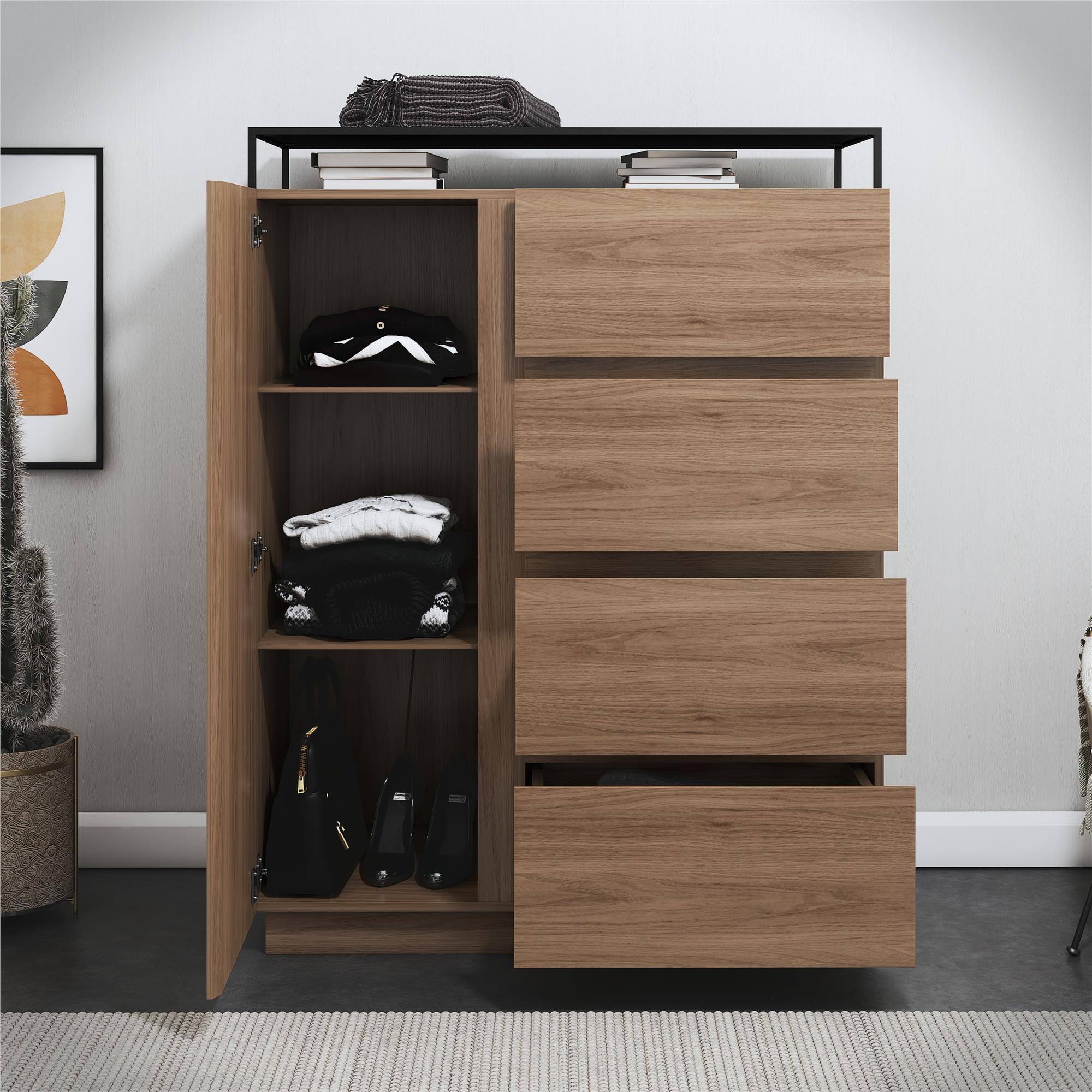 Devon 4-Drawer Dresser with Door, LED Lights and Glass Top, Danish Walnut - Danish Walnut