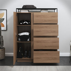 Devon 4-Drawer Dresser with Door, LED Lights and Glass Top, Danish Walnut - Danish Walnut