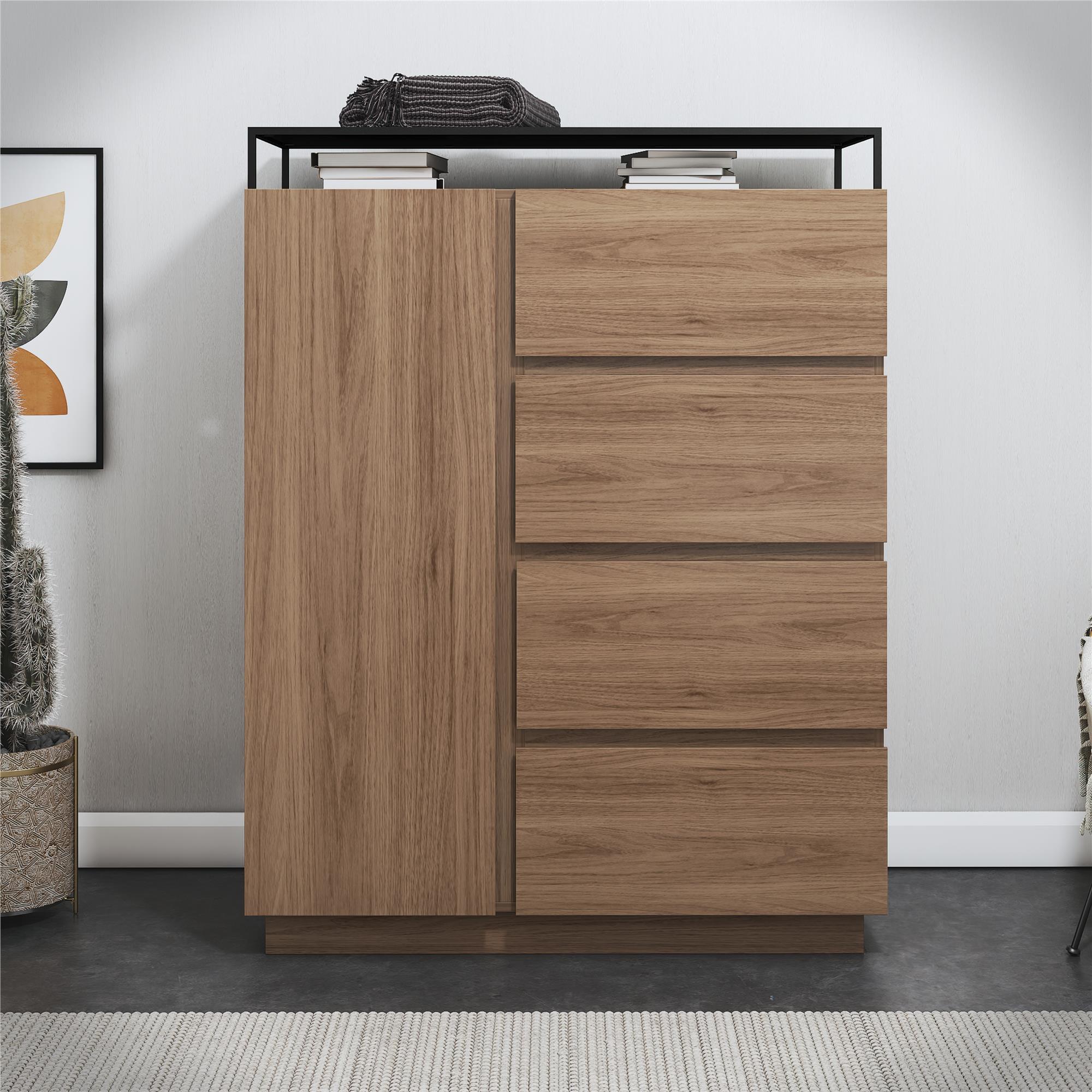 Devon 4-Drawer Dresser with Door, LED Lights and Glass Top, Danish Walnut - Danish Walnut