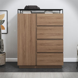 Devon 4-Drawer Dresser with Door, LED Lights and Glass Top, Danish Walnut - Danish Walnut
