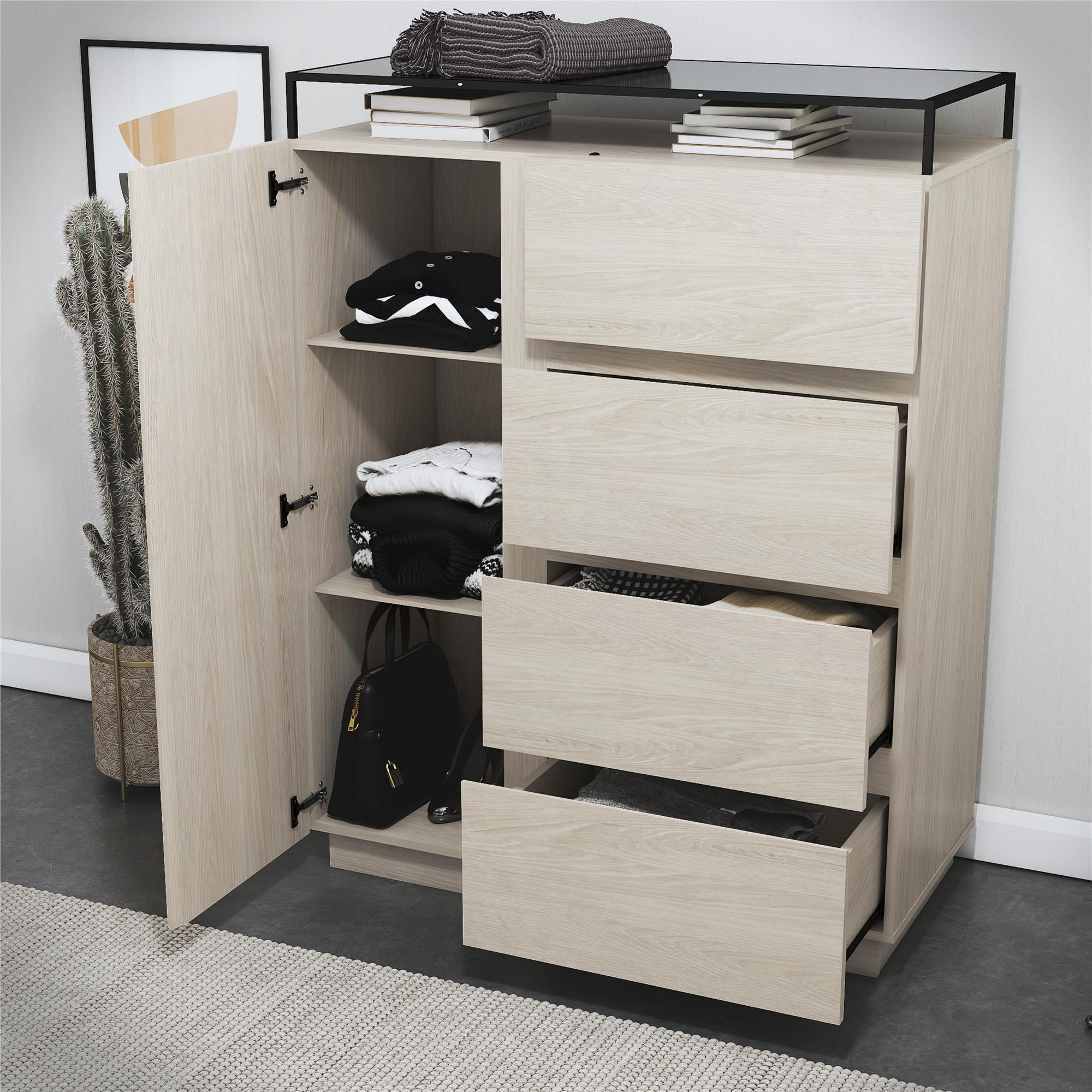 Devon 4-Drawer Dresser with Door, LED Lights and Glass Top, Eden Ash - Eden Ash