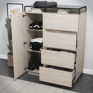 Devon 4-Drawer Dresser with Door, LED Lights and Glass Top, Eden Ash - Eden Ash