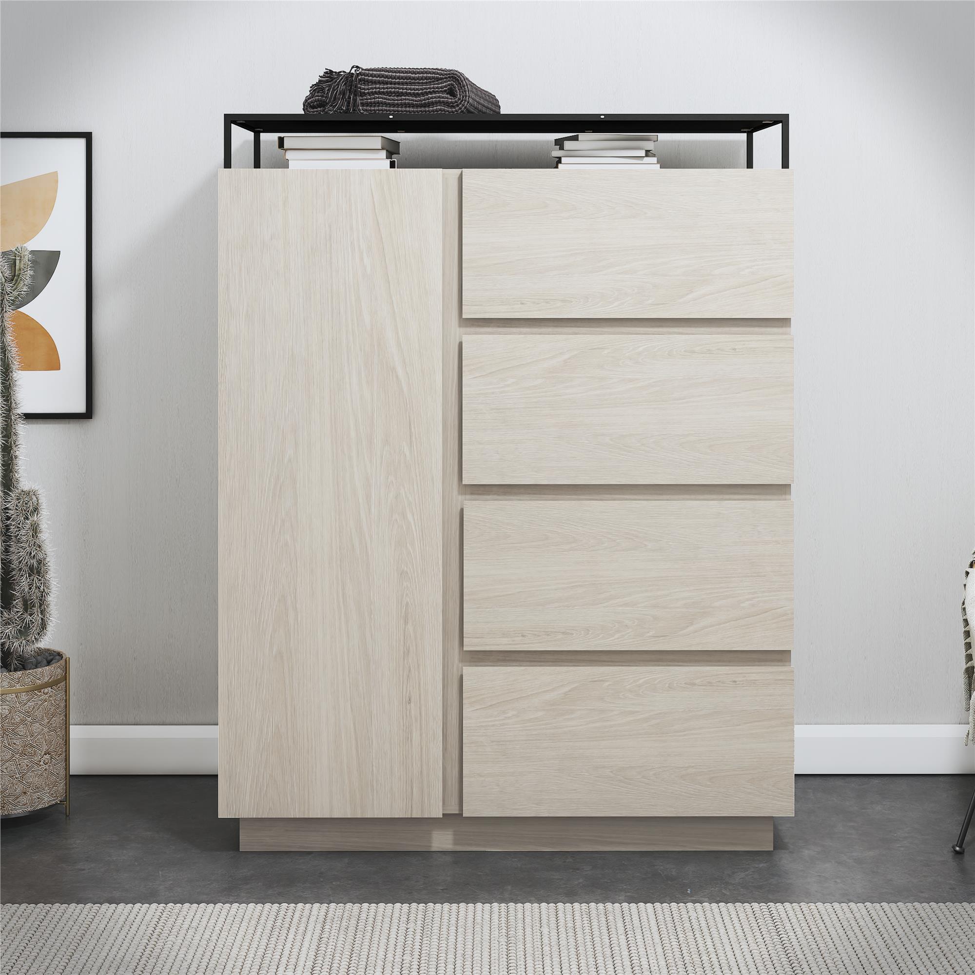 Devon 4-Drawer Dresser with Door, LED Lights and Glass Top, Eden Ash - Eden Ash