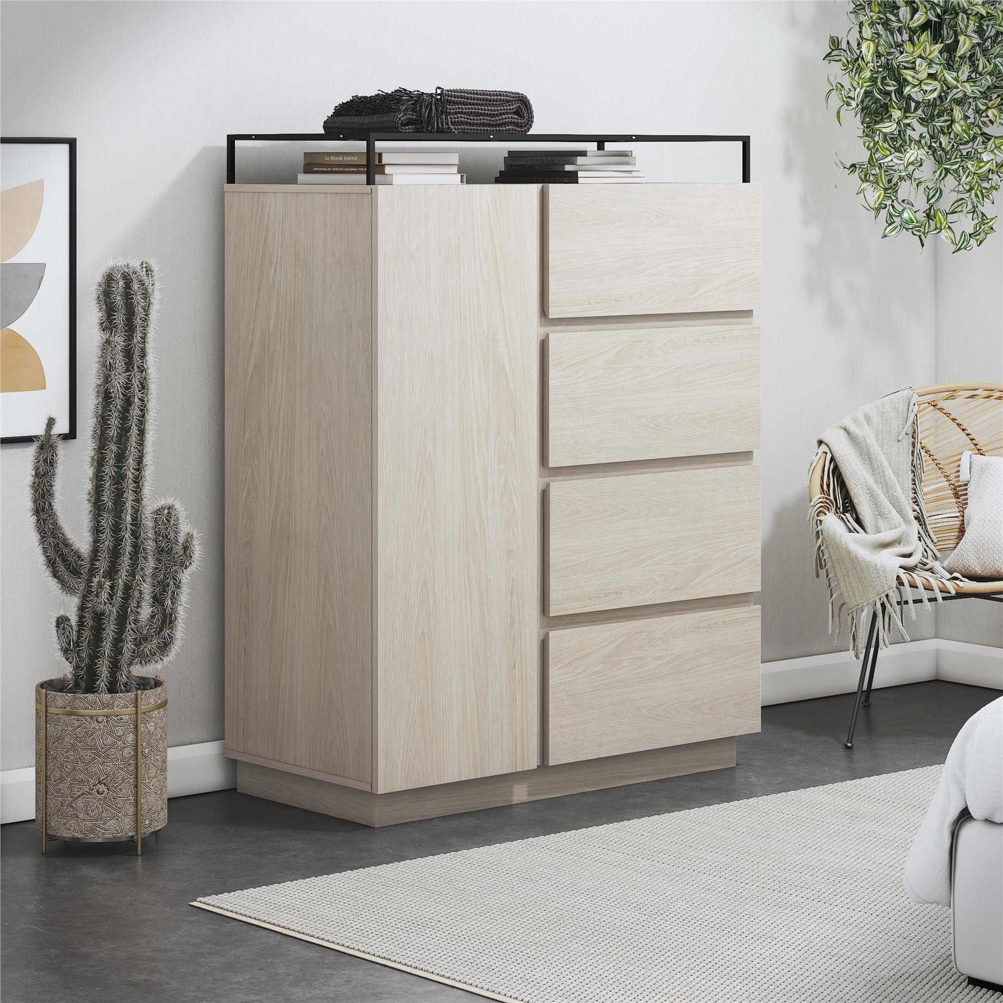 Devon 4-Drawer Dresser with Door, LED Lights and Glass Top, Eden Ash - Eden Ash
