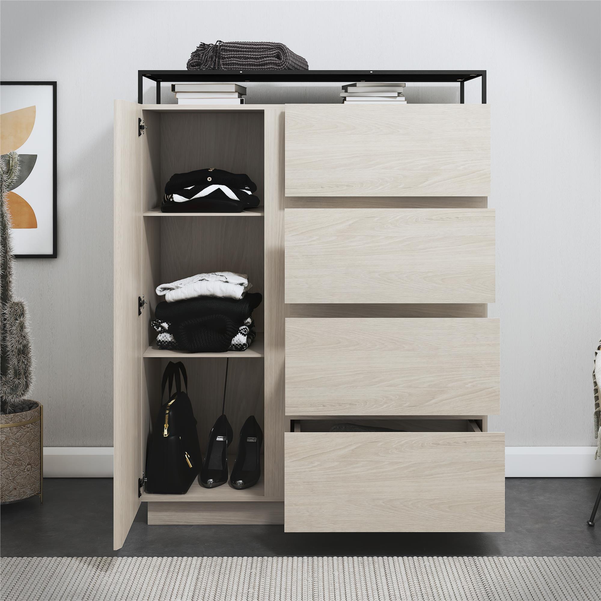 Devon 4-Drawer Dresser with Door, LED Lights and Glass Top, Eden Ash - Eden Ash