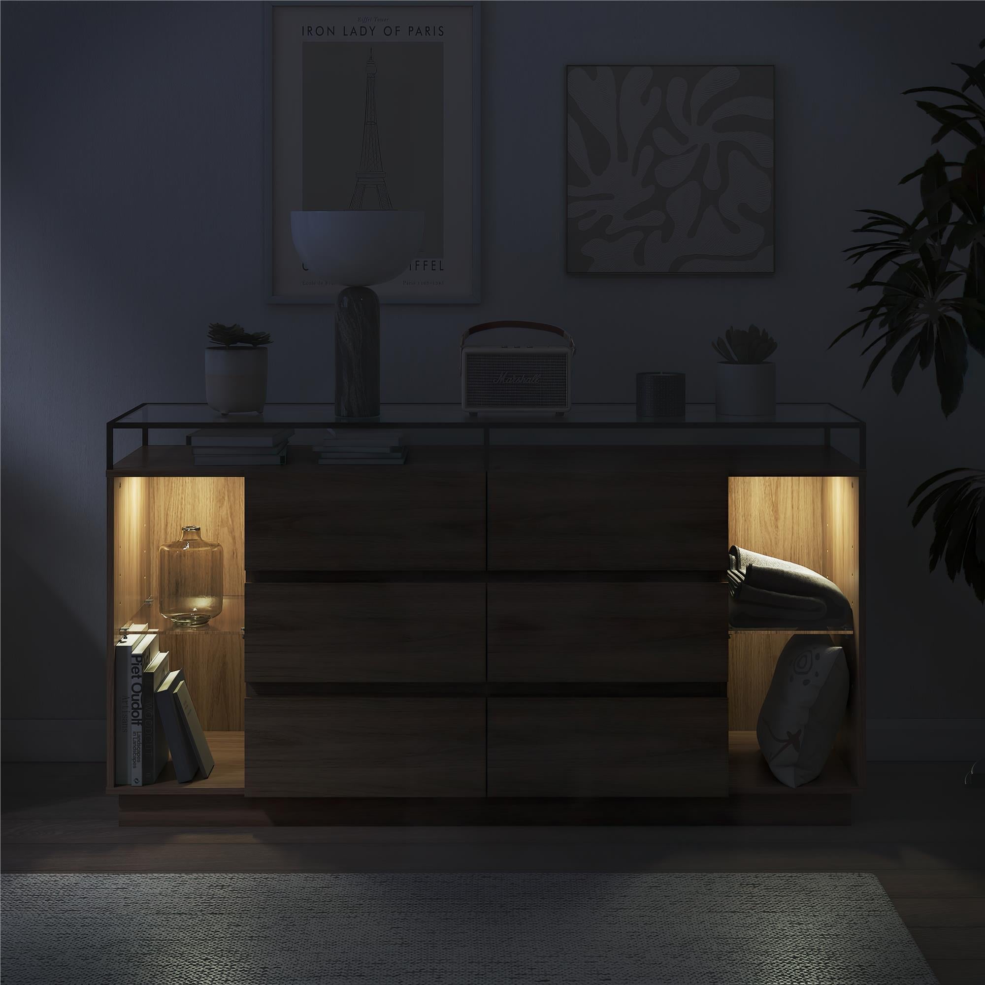 Devon 6-Drawer Dresser with LED Lights and Glass Top, Danish Walnut - Danish Walnut - 6 Drawer