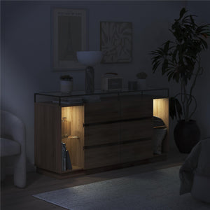 Devon 6-Drawer Dresser with LED Lights and Glass Top, Danish Walnut - Danish Walnut - 6 Drawer