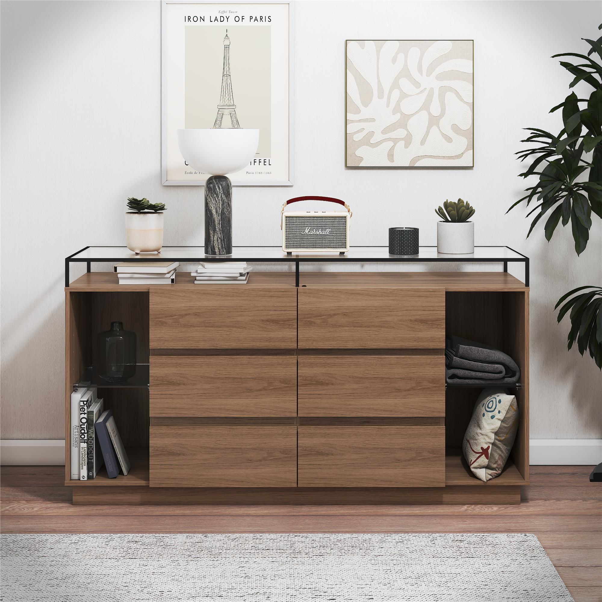 Devon 6-Drawer Dresser with LED Lights and Glass Top, Danish Walnut - Danish Walnut - 6 Drawer