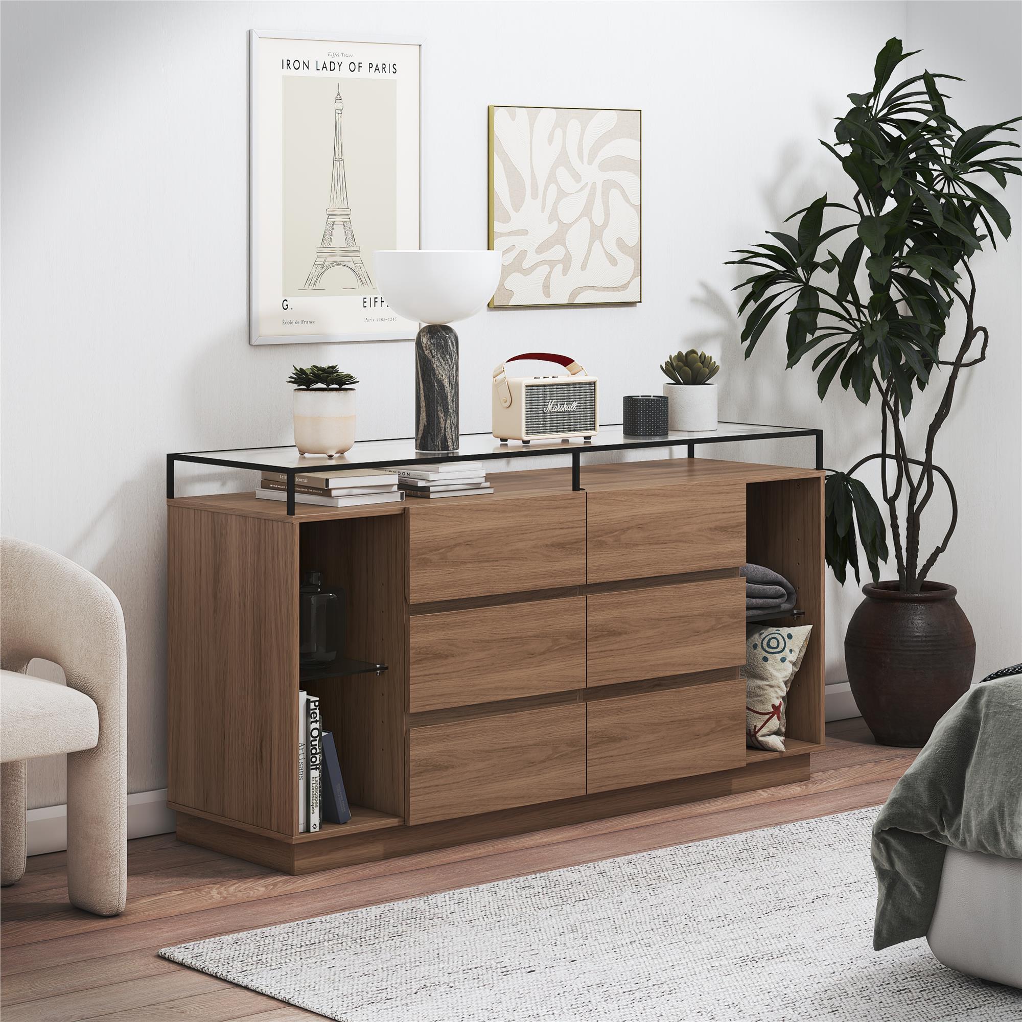 Devon 6-Drawer Dresser with LED Lights and Glass Top, Danish Walnut - Danish Walnut - 6 Drawer
