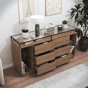 Devon 6-Drawer Dresser with LED Lights and Glass Top, Danish Walnut - Danish Walnut - 6 Drawer