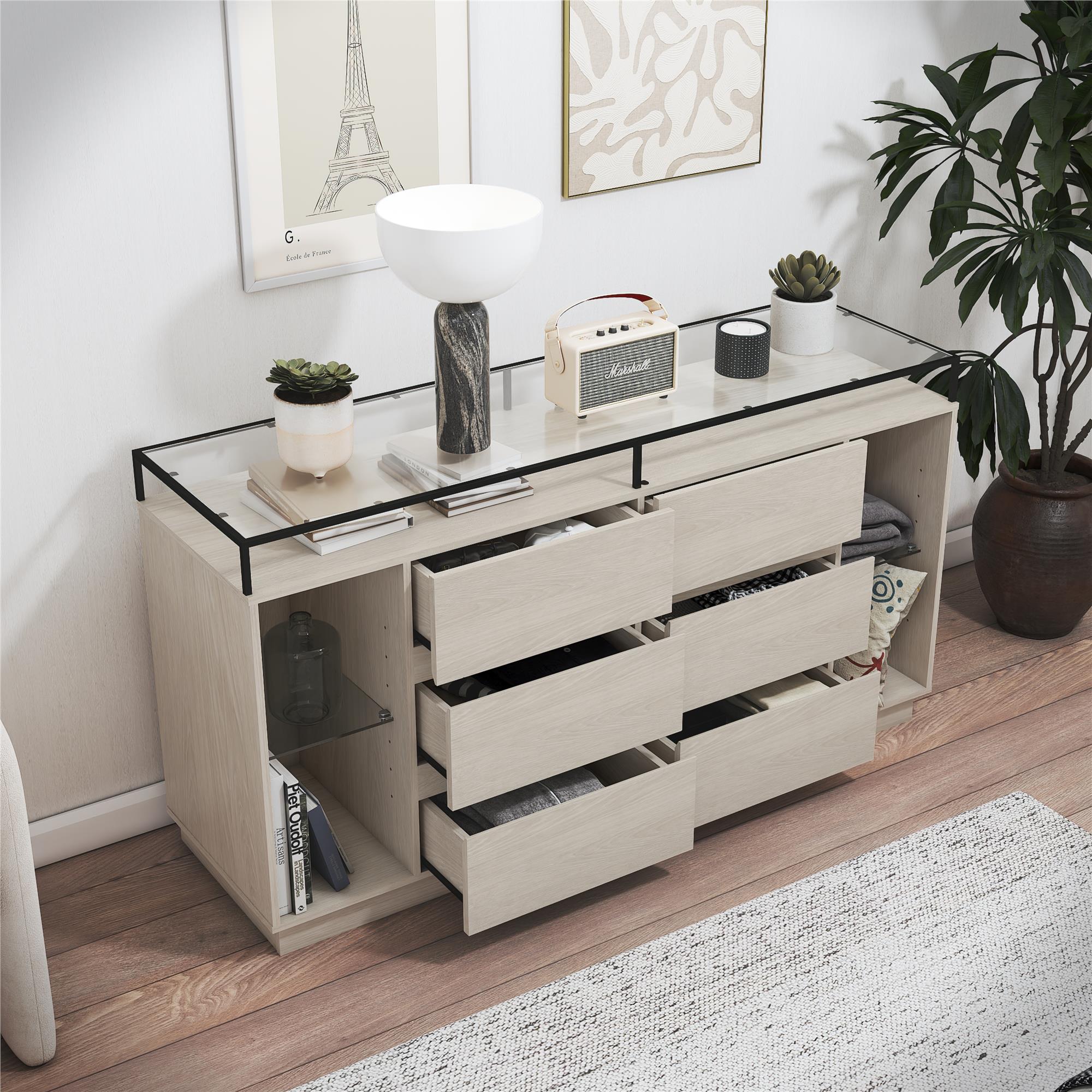 Devon 6-Drawer Dresser with LED Lights and Glass Top, Eden Ash - Eden Ash - 6 Drawer