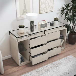 Devon 6-Drawer Dresser with LED Lights and Glass Top, Eden Ash - Eden Ash - 6 Drawer