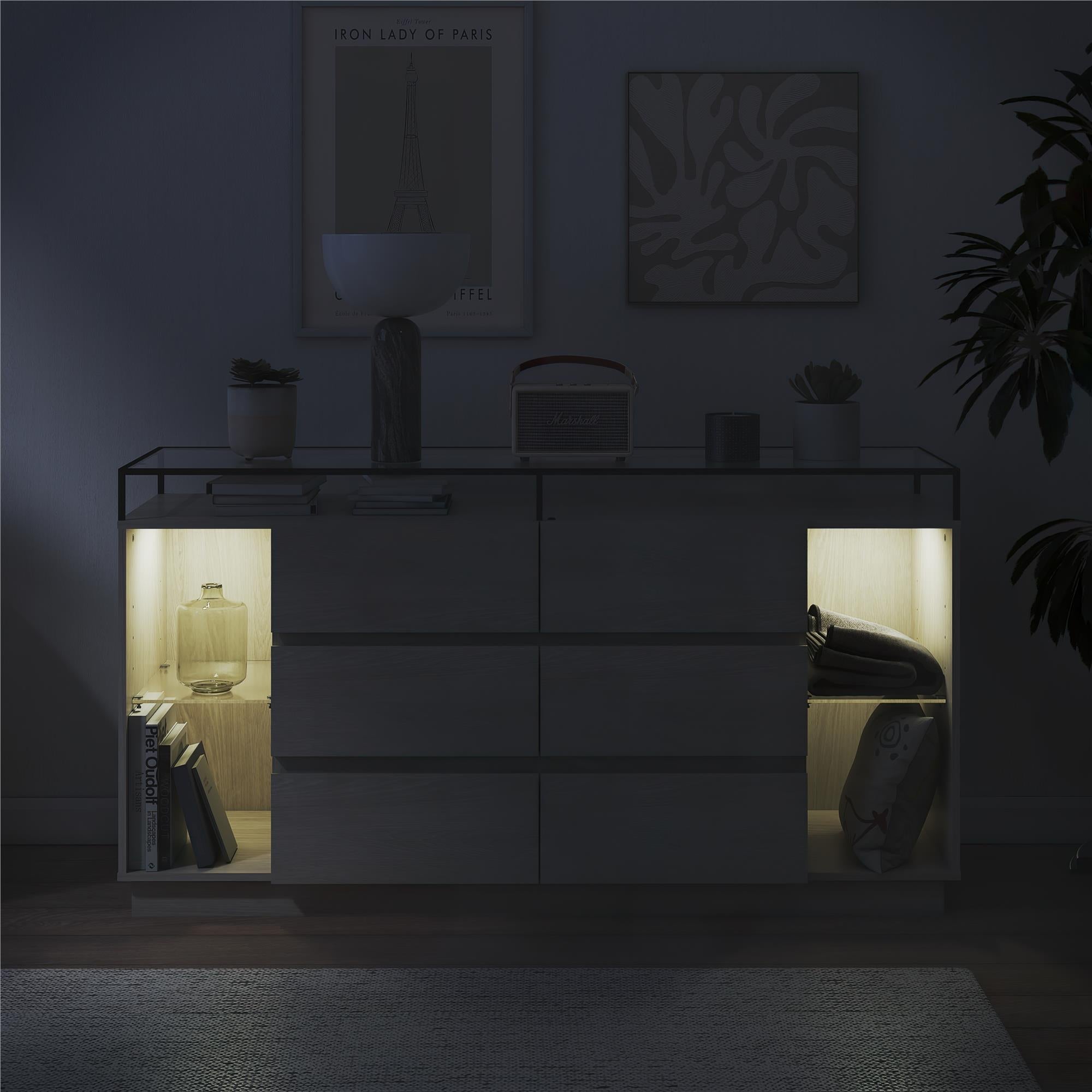 Devon 6-Drawer Dresser with LED Lights and Glass Top, Eden Ash - Eden Ash - 6 Drawer
