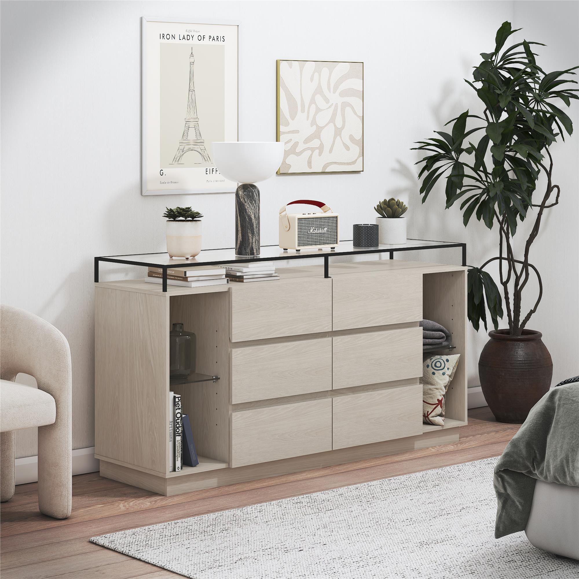 Devon 6-Drawer Dresser with LED Lights and Glass Top, Eden Ash - Eden Ash - 6 Drawer