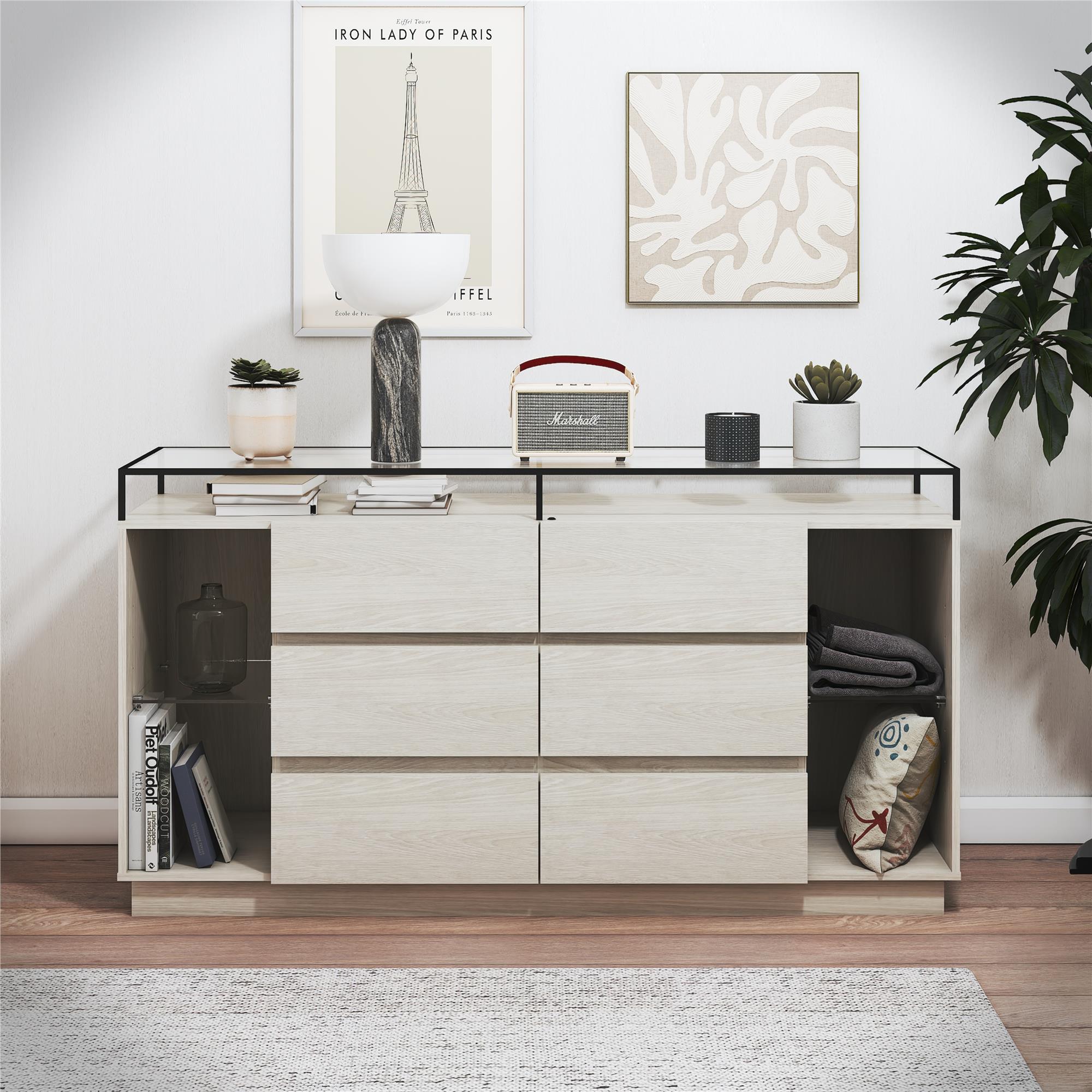 Devon 6-Drawer Dresser with LED Lights and Glass Top, Eden Ash - Eden Ash - 6 Drawer