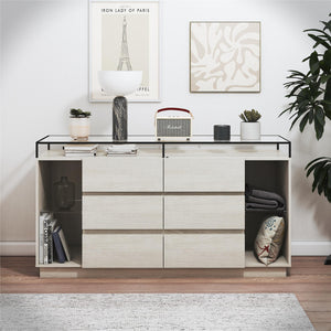 Devon 6-Drawer Dresser with LED Lights and Glass Top, Eden Ash - Eden Ash - 6 Drawer