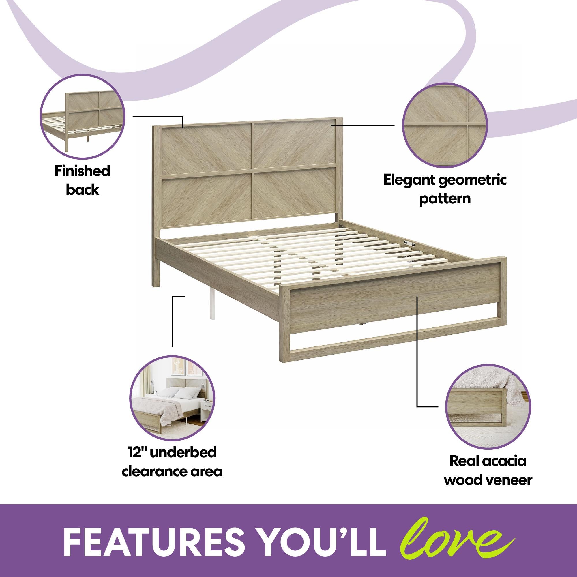 DHP Archer Wood Bed Frame with Headboard, Queen, Mesa - Mesa - Queen