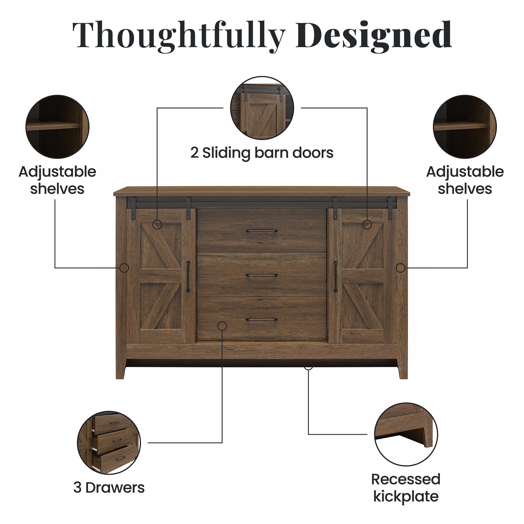 Alton Farmhouse 3 Drawer/2 Door Dresser, Rustic Walnut - Rustic Walnut - 3 Drawer