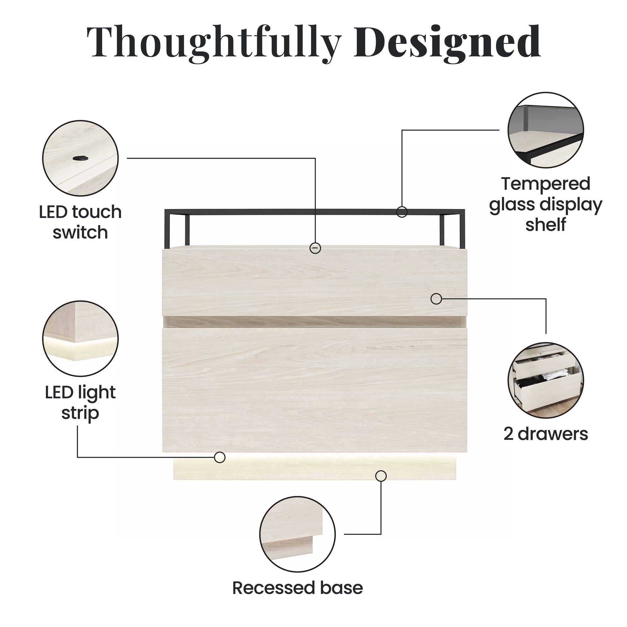 Devon Nightstand with Drawers, LED Lights and Glass Top, Eden Ash - Eden Ash