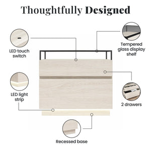 Devon Nightstand with Drawers, LED Lights and Glass Top, Eden Ash - Eden Ash