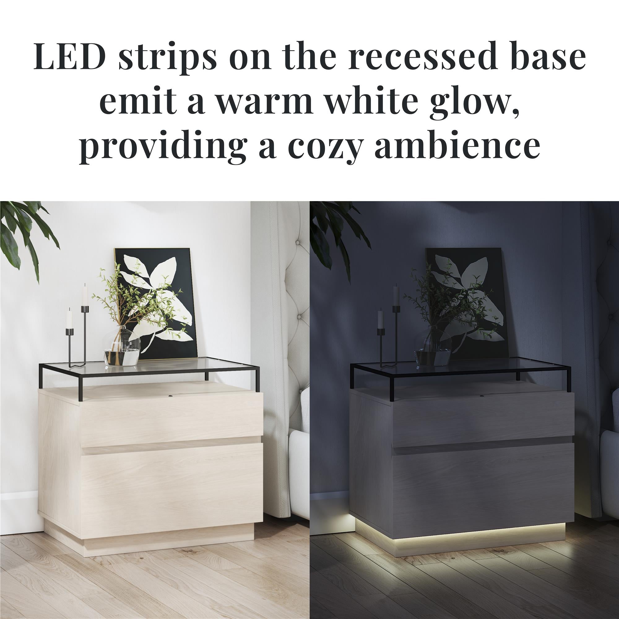 Devon Nightstand with Drawers, LED Lights and Glass Top, Eden Ash - Eden Ash