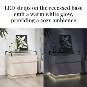 Devon Nightstand with Drawers, LED Lights and Glass Top, Eden Ash - Eden Ash