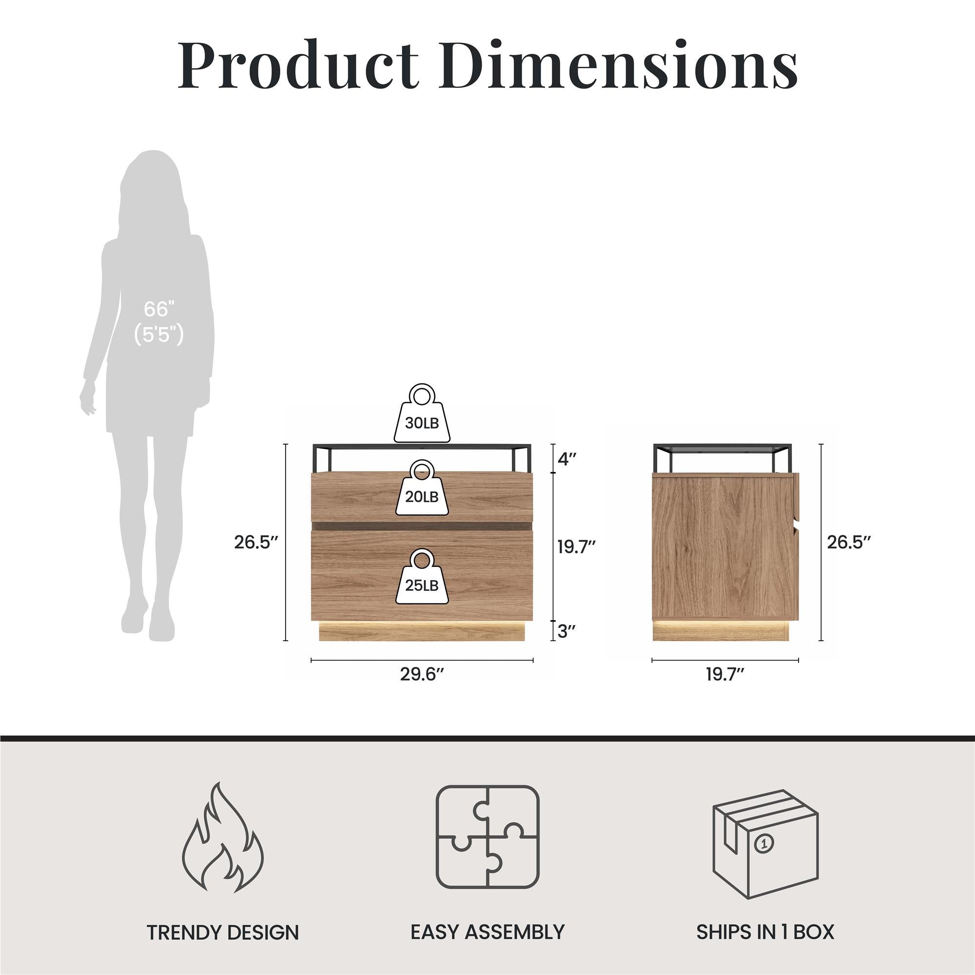 Devon Nightstand with Drawers, LED Lights and Glass Top, Danish Walnut - Danish Walnut