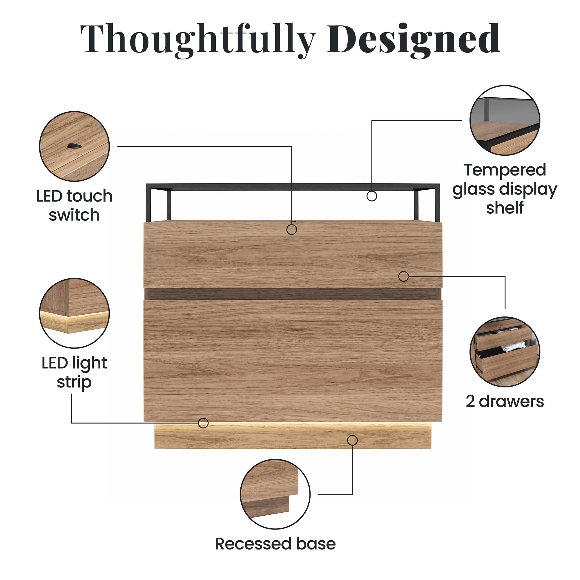 Devon Nightstand with Drawers, LED Lights and Glass Top, Danish Walnut - Danish Walnut