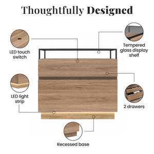 Devon Nightstand with Drawers, LED Lights and Glass Top, Danish Walnut - Danish Walnut