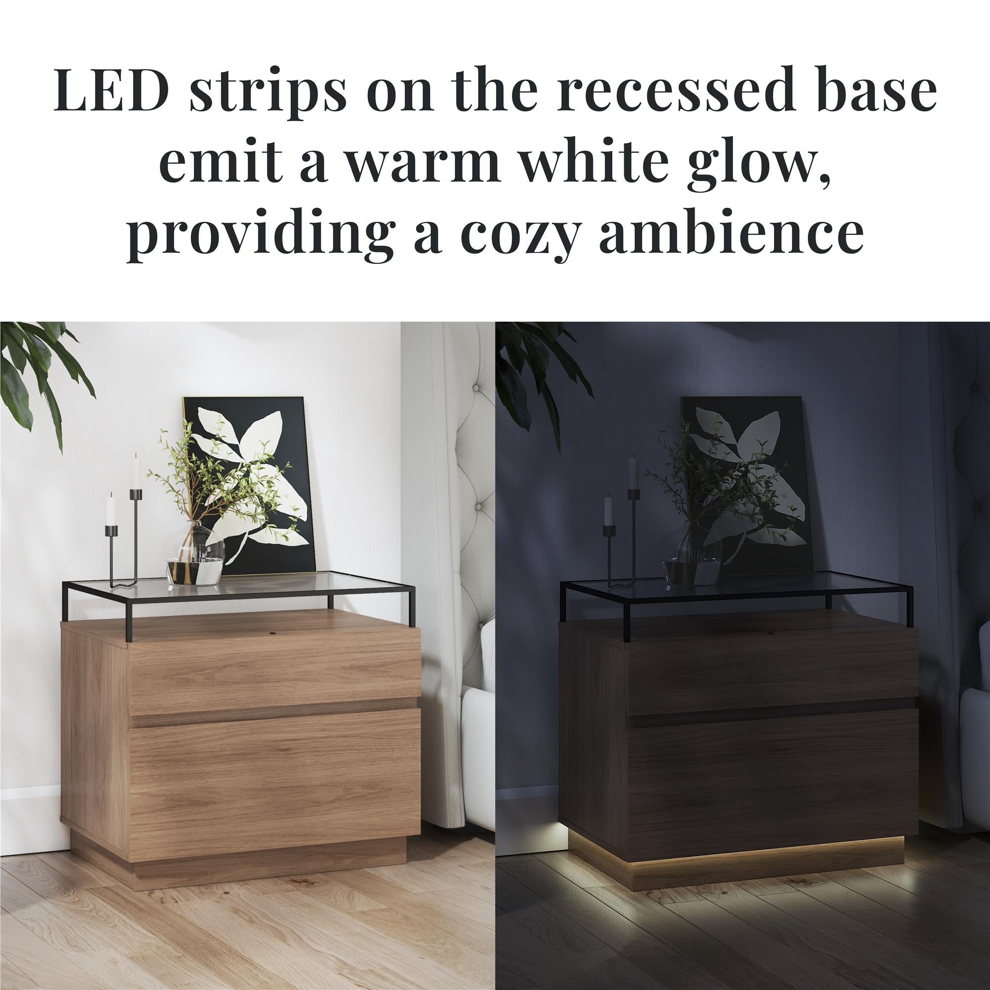 Devon Nightstand with Drawers, LED Lights and Glass Top, Danish Walnut - Danish Walnut