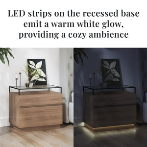 Devon Nightstand with Drawers, LED Lights and Glass Top, Danish Walnut - Danish Walnut