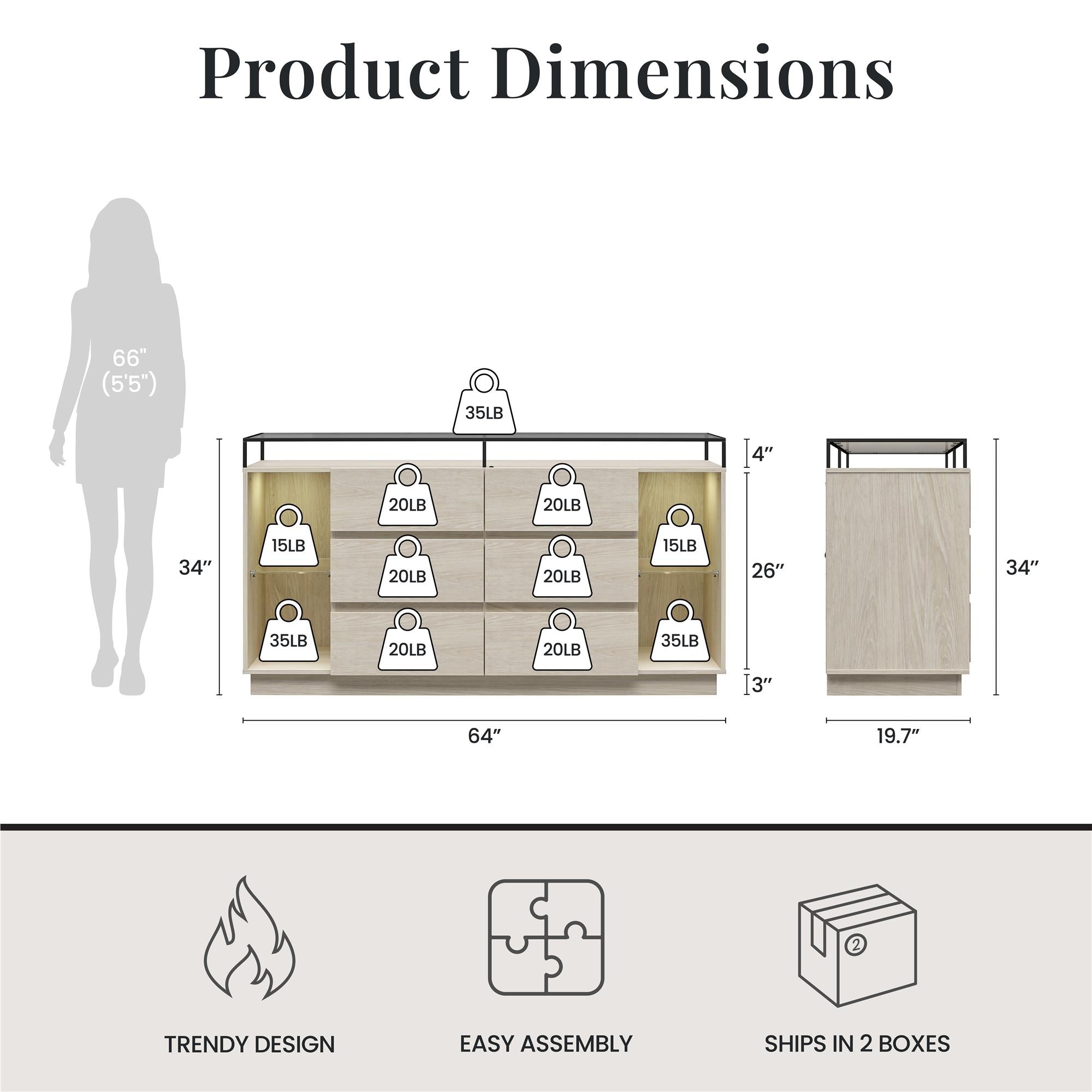 Devon 6-Drawer Dresser with LED Lights and Glass Top, Eden Ash - Eden Ash - 6 Drawer