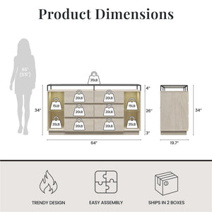 Devon 6-Drawer Dresser with LED Lights and Glass Top, Eden Ash - Eden Ash - 6 Drawer