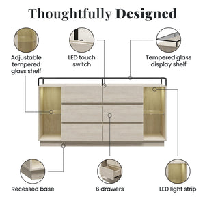 Devon 6-Drawer Dresser with LED Lights and Glass Top, Eden Ash - Eden Ash - 6 Drawer
