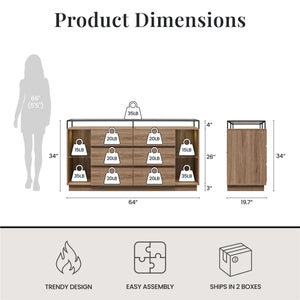 Devon 6-Drawer Dresser with LED Lights and Glass Top, Danish Walnut - Danish Walnut - 6 Drawer